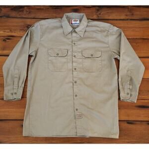 Dickies Khaki Cotton Blend Work Wear Long Sleeve Button Down Mens L 48" Chest